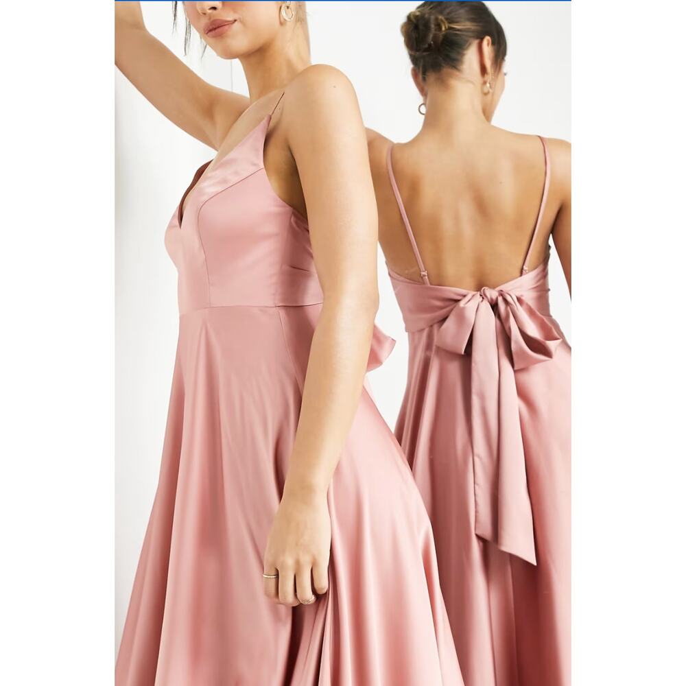 ASOS DESIGN Bridesmaid satin midi dress with tie back in dusky rose - Picture 3 of 4